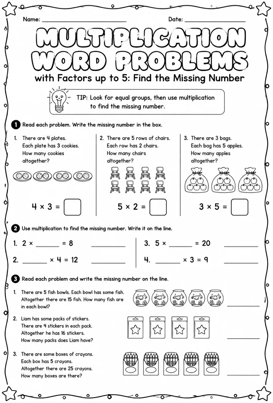 Multiplication word problems with factors up to 5: find the missing number — free printable Grade 3 math worksheet
