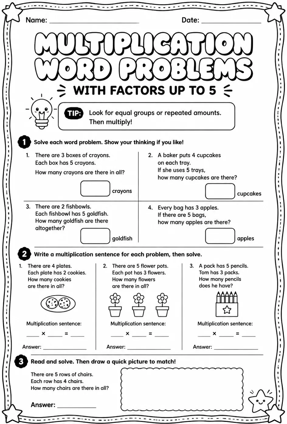 Multiplication word problems with factors up to 5 — free printable Grade 3 math worksheet