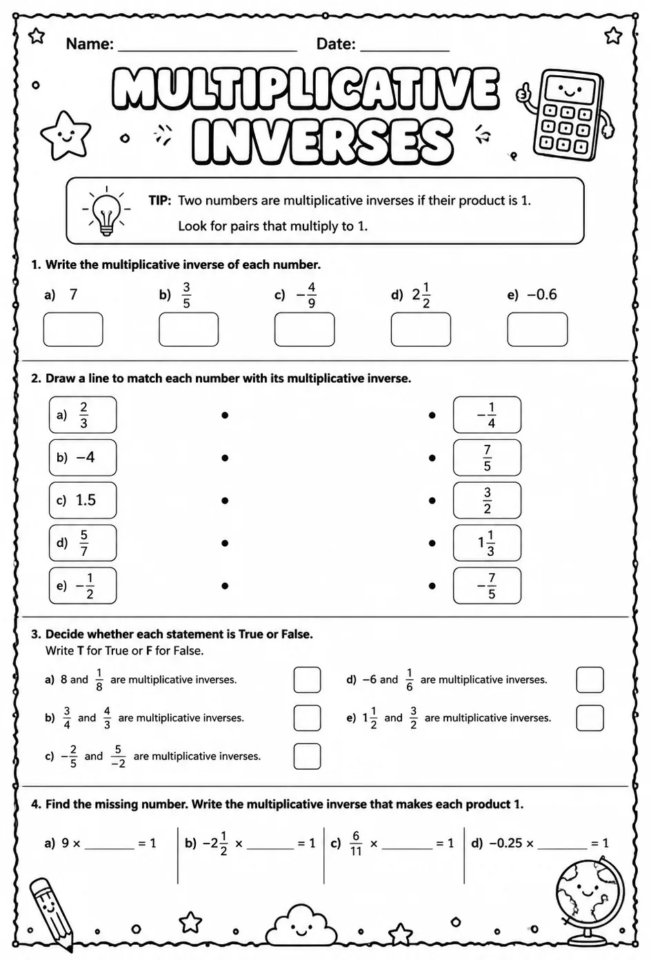 Multiplicative inverses — free printable Grade 7 math worksheet
