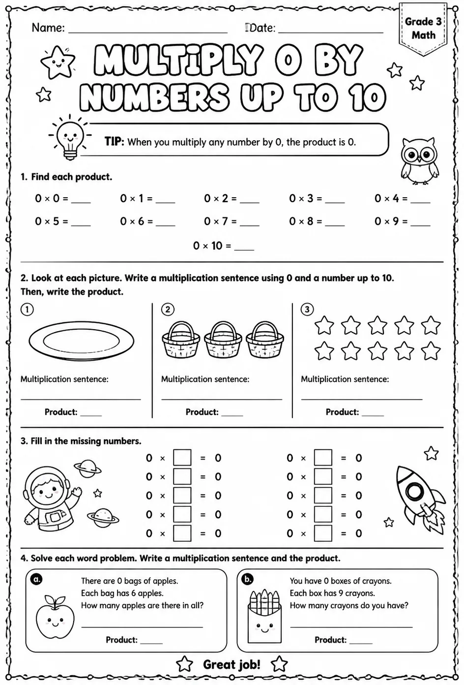 Multiply 0 by numbers up to 10 — free printable Grade 3 math worksheet