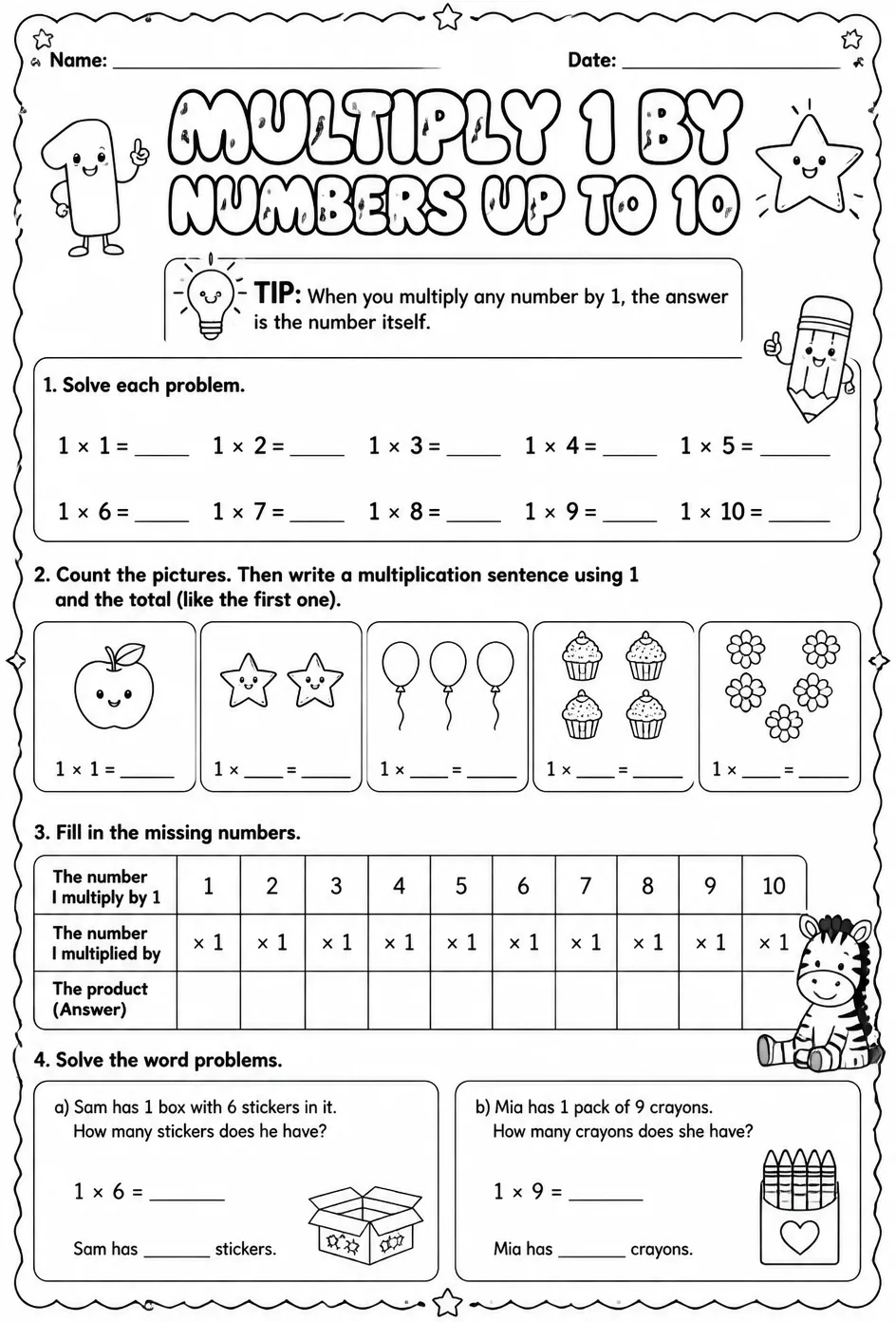 Multiply 1 by numbers up to 10 — free printable Grade 3 math worksheet