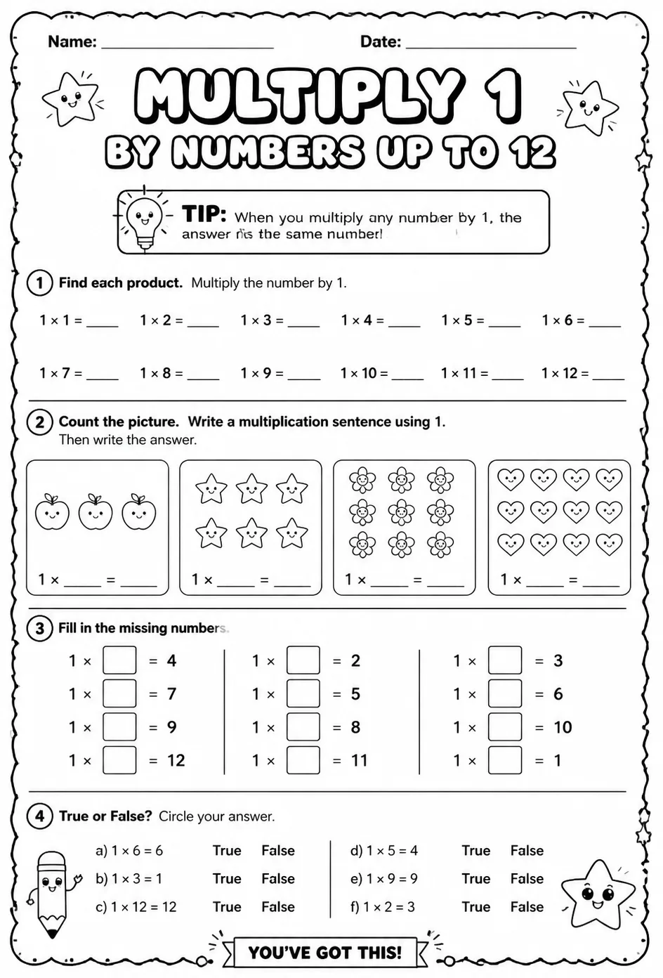 Multiply 1 by numbers up to 12 — free printable Grade 3 math worksheet