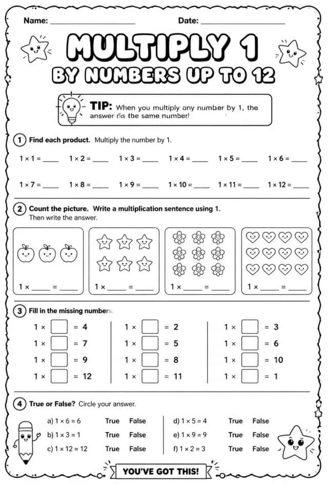 Multiply 1 by numbers up to 12