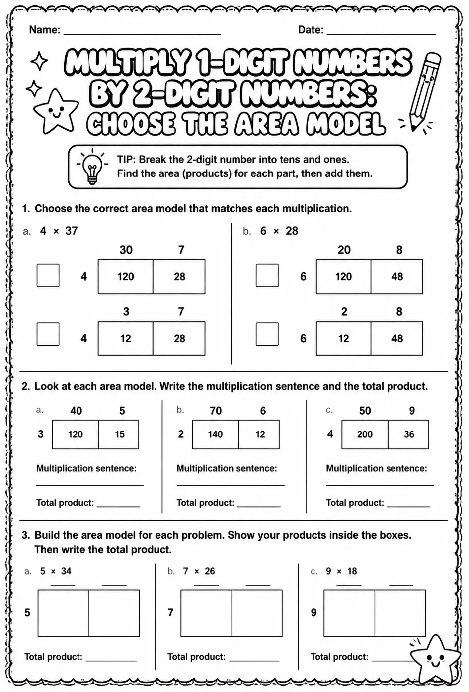 Multiply 1-digit numbers by 2-digit numbers: choose the area model — free printable Grade 4 math worksheet