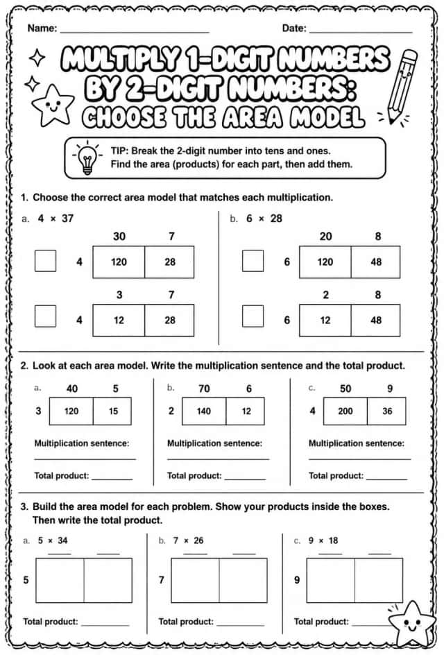 Multiply 1-digit numbers by 2-digit numbers: choose the area model