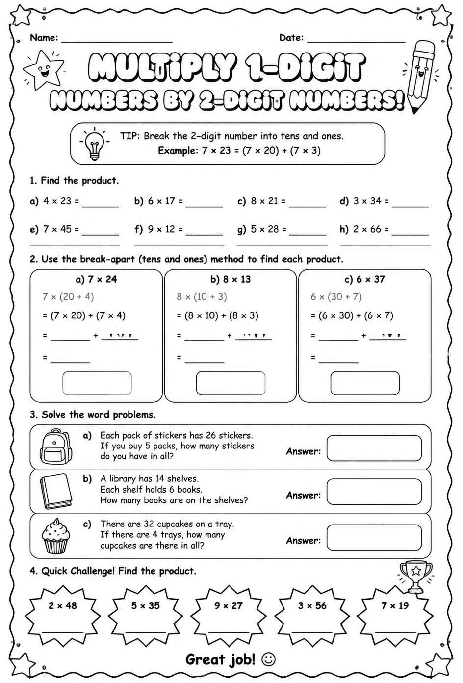 Multiply 1-digit numbers by 2-digit numbers — free printable Grade 4 math worksheet