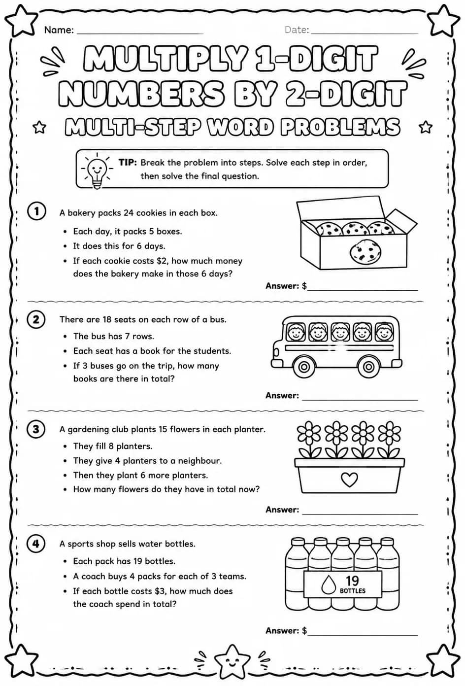 Multiply 1-digit numbers by 2-digit numbers: multi-step word problems — free printable Grade 4 math worksheet