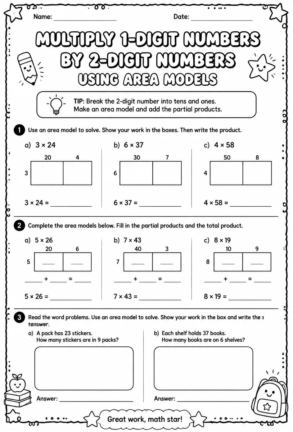 Multiply 1-digit numbers by 2-digit numbers using area models — free printable Grade 4 math worksheet