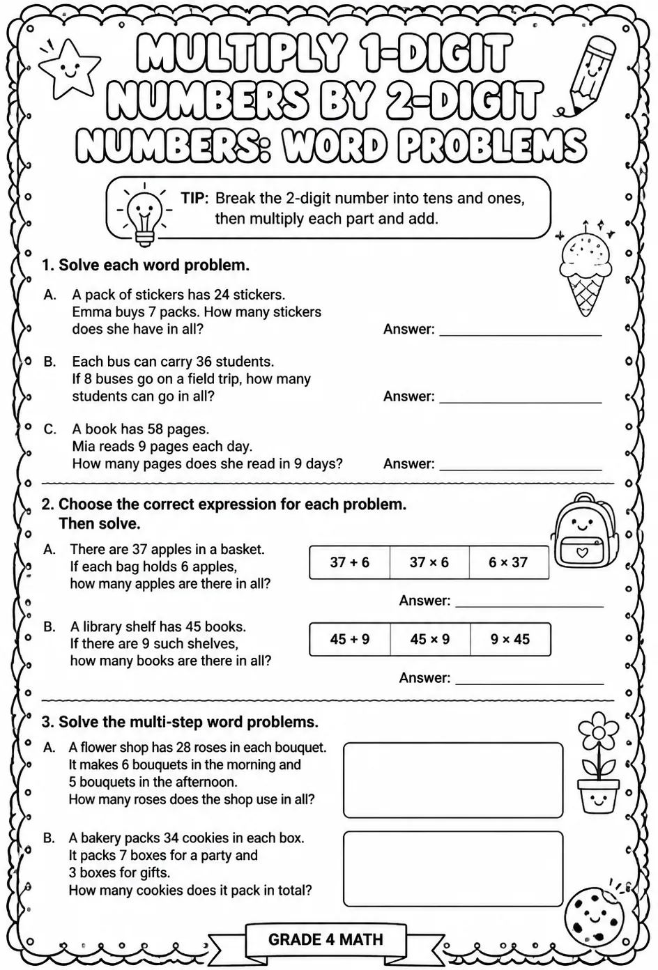 Multiply 1-digit numbers by 2-digit numbers: word problems — free printable Grade 4 math worksheet