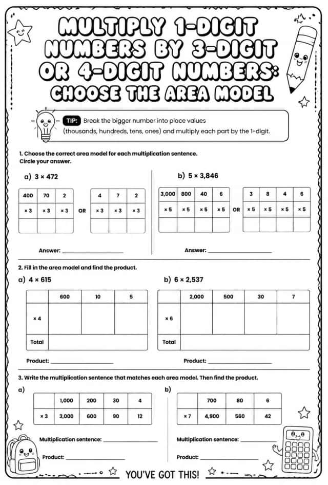 Multiply 1-digit numbers by 3-digit or 4-digit numbers: choose the area model