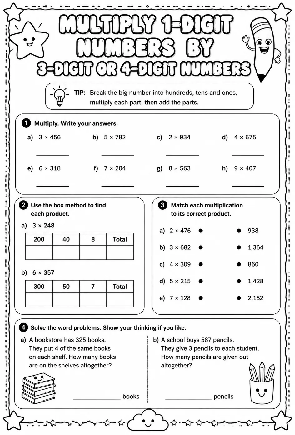 Multiply 1-digit numbers by 3-digit or 4-digit numbers — free printable Grade 4 math worksheet