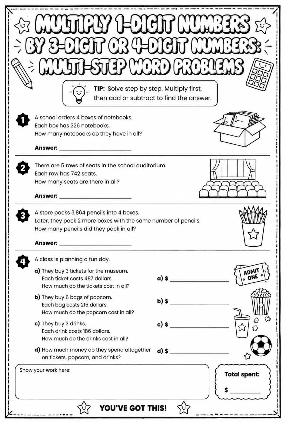 Multiply 1-digit numbers by 3-digit or 4-digit numbers: multi-step word problems — free printable Grade 4 math worksheet