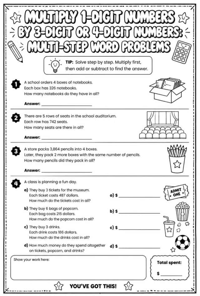 Multiply 1-digit numbers by 3-digit or 4-digit numbers: multi-step word problems
