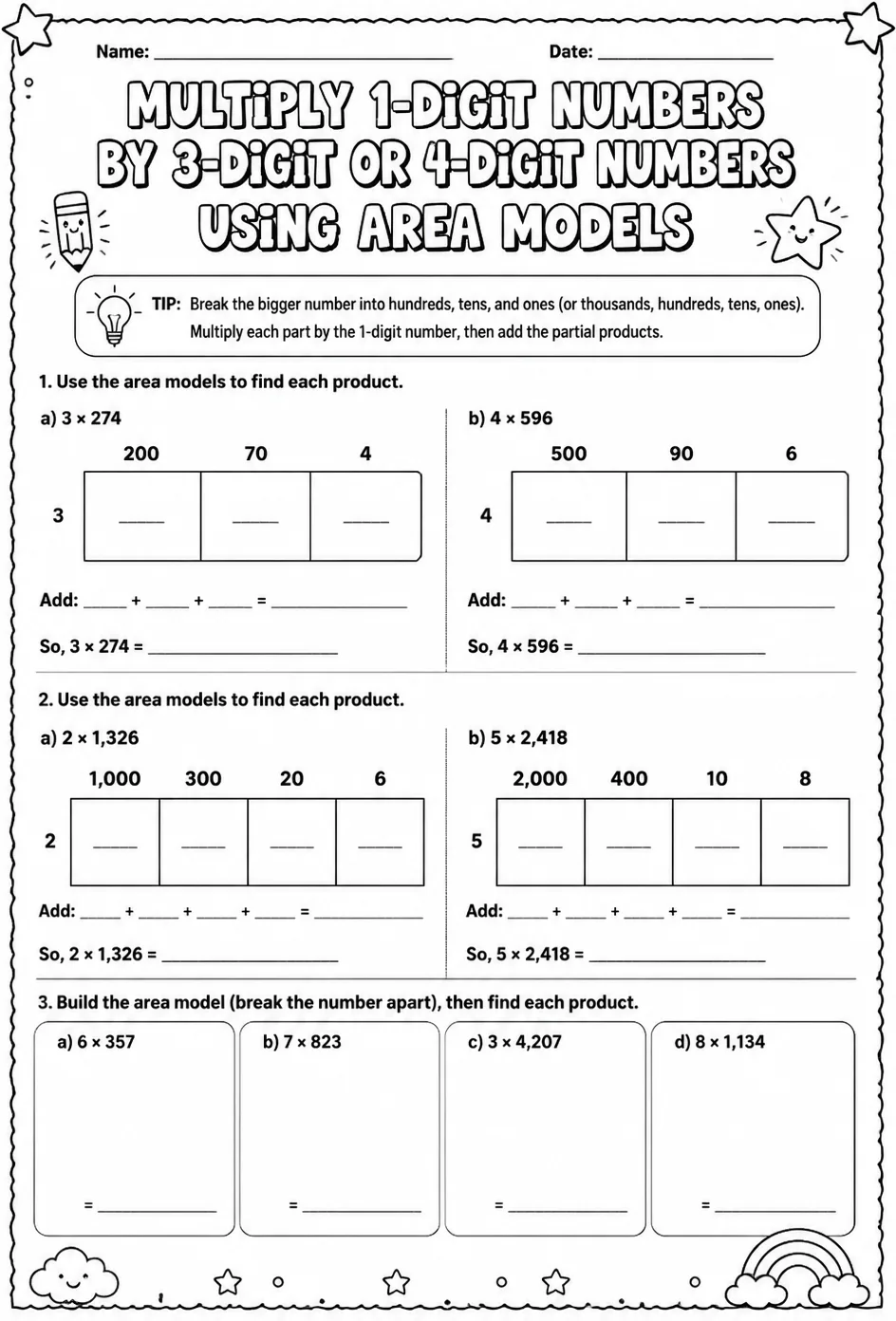 Multiply 1-digit numbers by 3-digit or 4-digit numbers using area models — free printable Grade 4 math worksheet