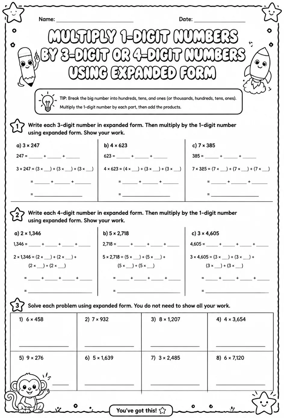 Multiply 1-digit numbers by 3-digit or 4-digit numbers using expanded form — free printable Grade 4 math worksheet
