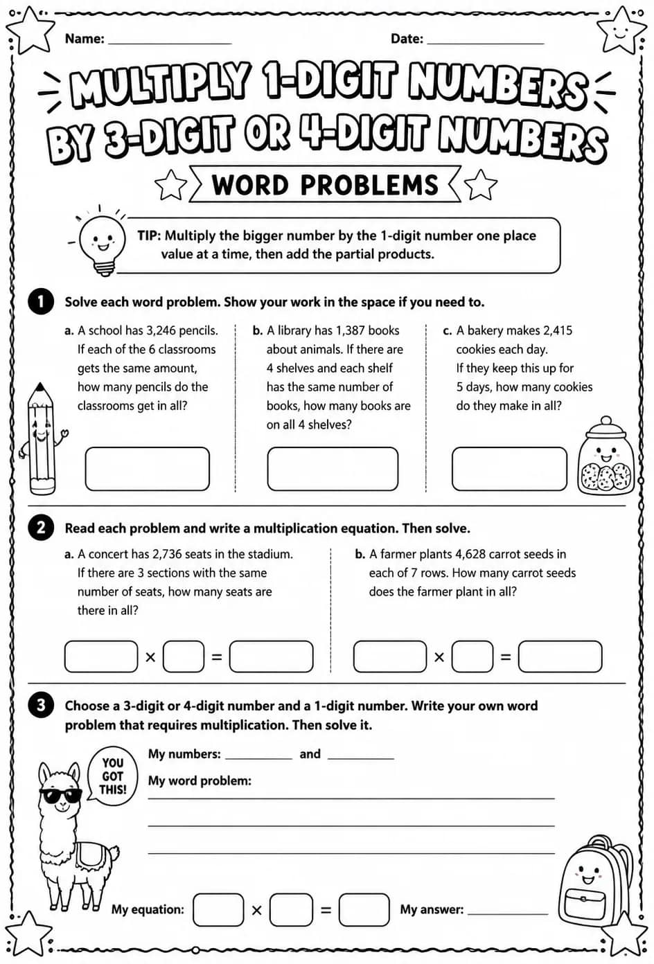 Multiply 1-digit numbers by 3-digit or 4-digit numbers: word problems — free printable Grade 4 math worksheet