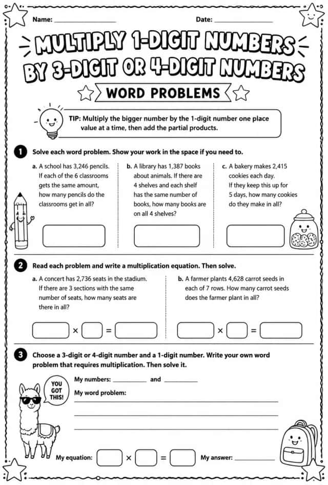 Multiply 1-digit numbers by 3-digit or 4-digit numbers: word problems