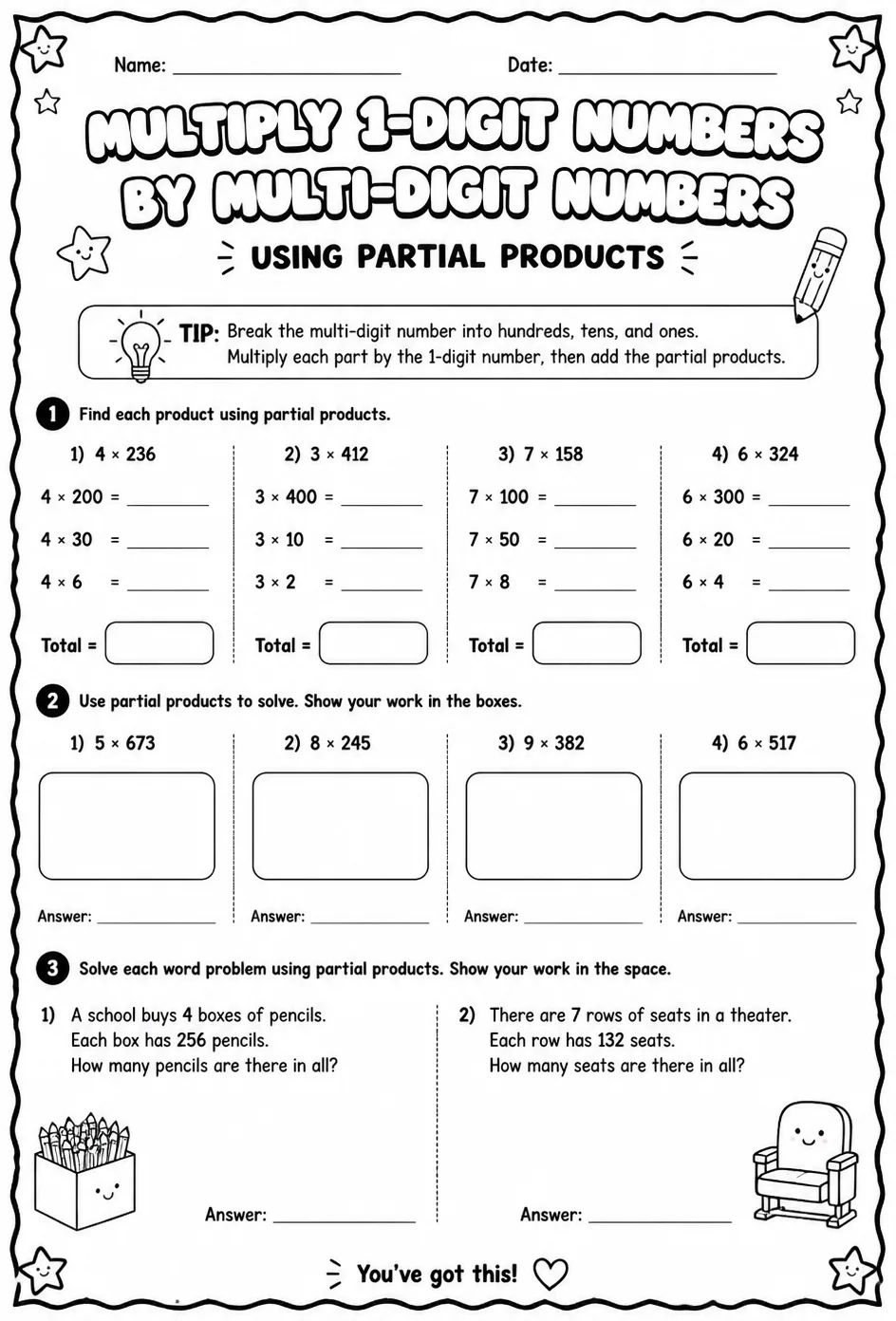 Multiply 1-digit numbers by multi-digit numbers using partial products — free printable Grade 4 math worksheet