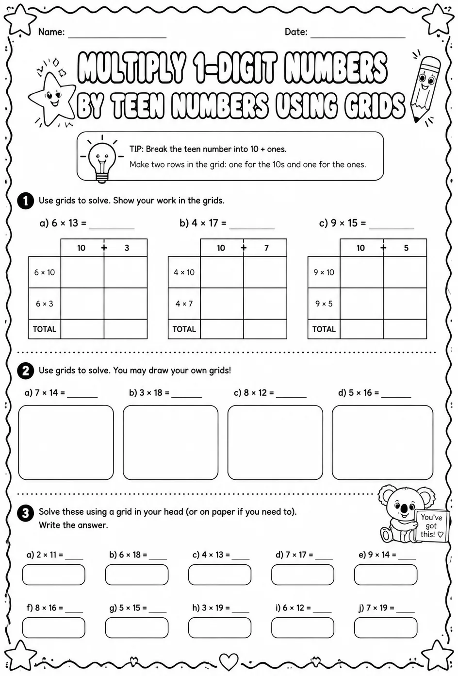 Multiply 1-digit numbers by teen numbers using grids — free printable Grade 4 math worksheet