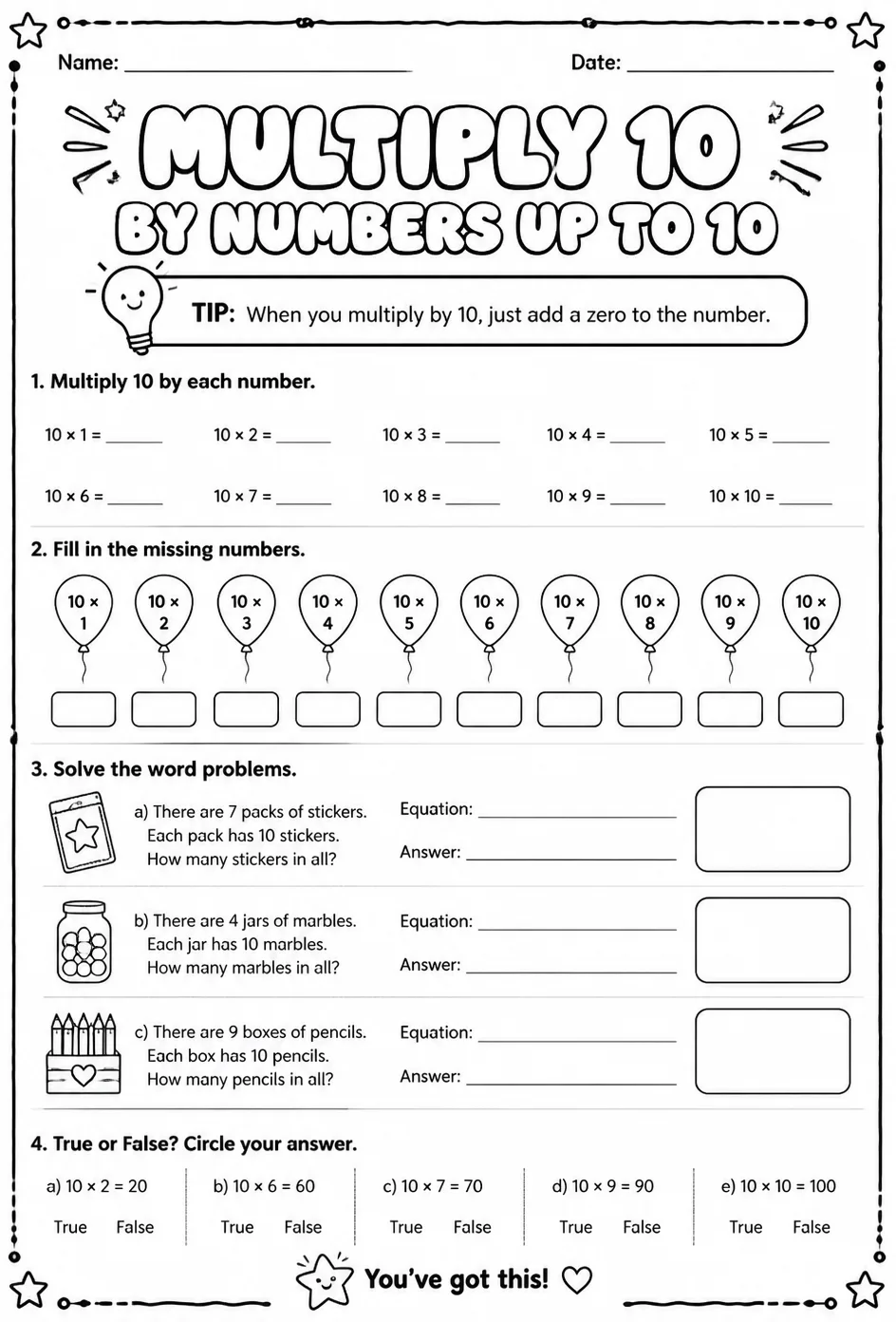 Multiply 10 by numbers up to 10 — free printable Grade 3 math worksheet
