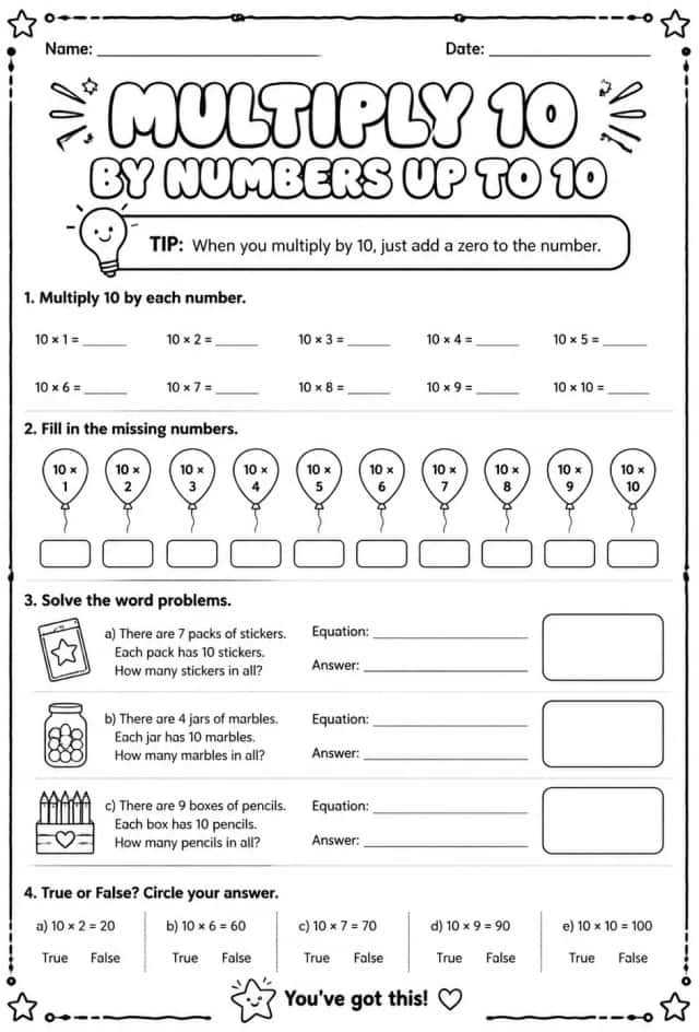 Multiply 10 by numbers up to 10
