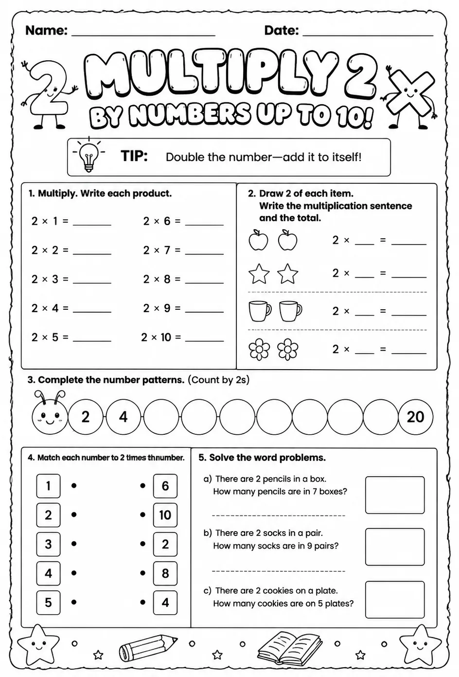 Multiply 2 by numbers up to 10 — free printable Grade 3 math worksheet