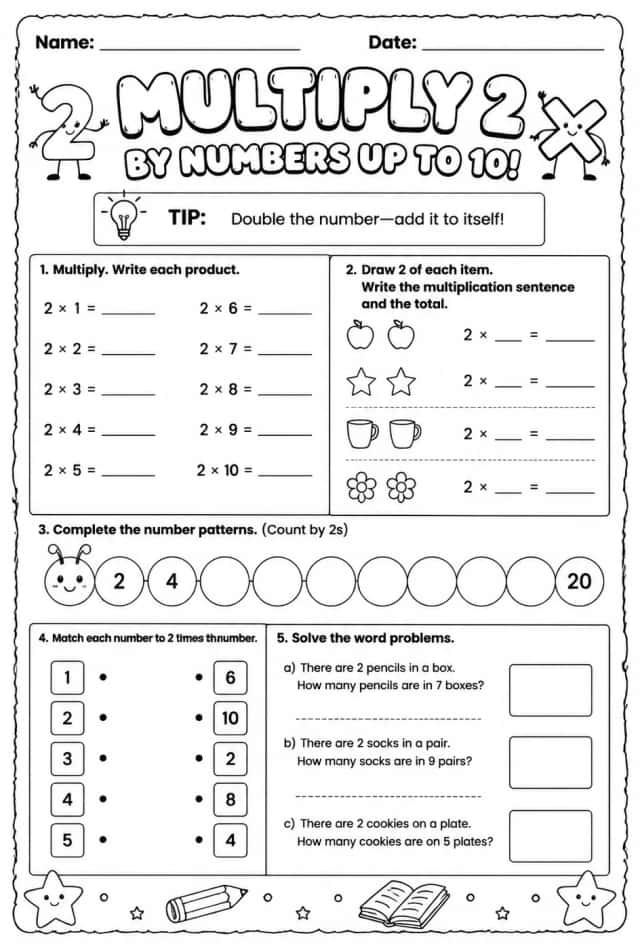 Multiply 2 by numbers up to 10