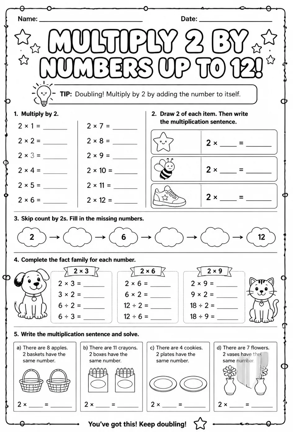 Multiply 2 by numbers up to 12 — free printable Grade 3 math worksheet