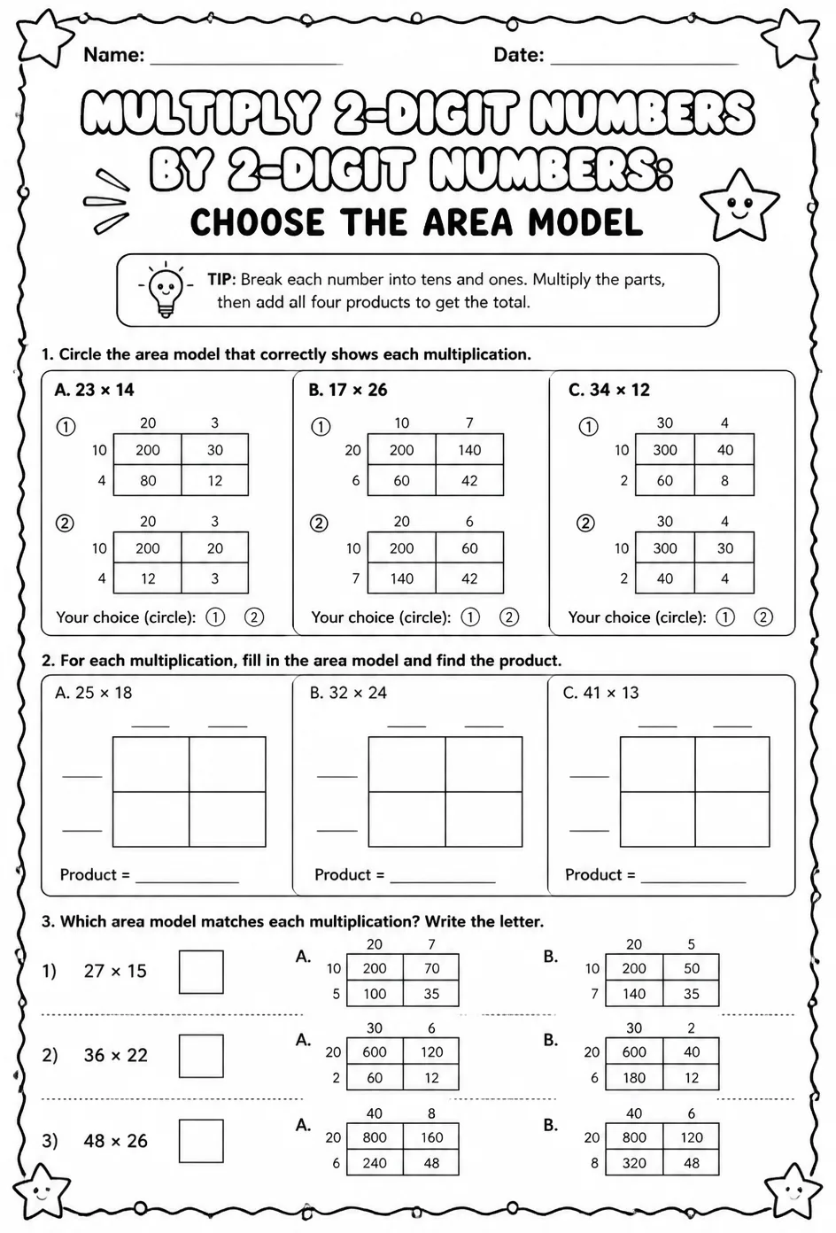 Multiply 2-digit numbers by 2-digit numbers: choose the area model — free printable Grade 4 math worksheet