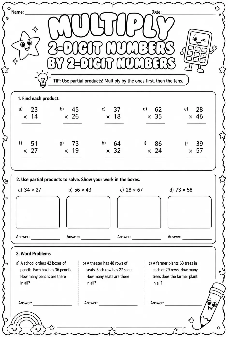 Multiply 2-digit numbers by 2-digit numbers — free printable Grade 5 math worksheet