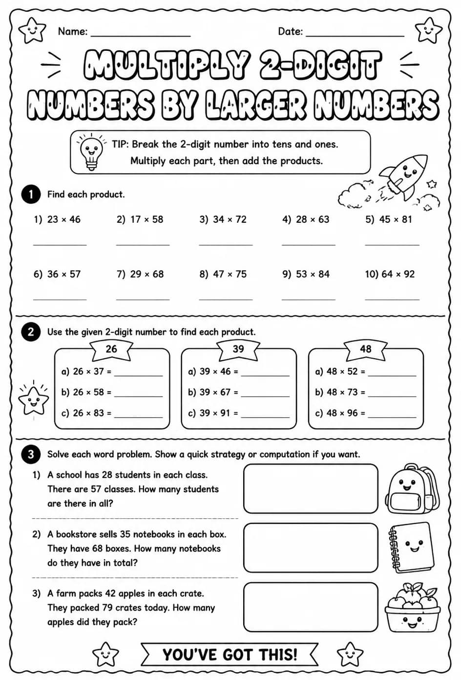 Multiply 2-digit numbers by larger numbers — free printable Grade 5 math worksheet