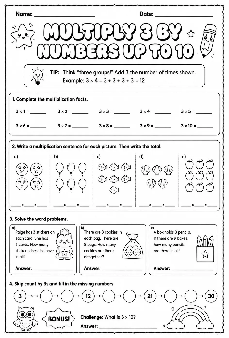 Multiply 3 by numbers up to 10 — free printable Grade 3 math worksheet