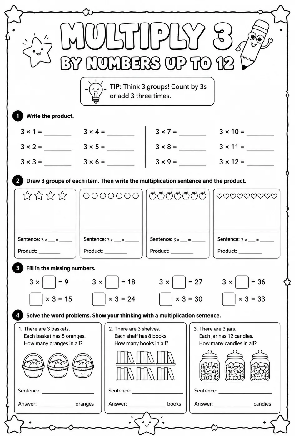 Multiply 3 by numbers up to 12 — free printable Grade 3 math worksheet
