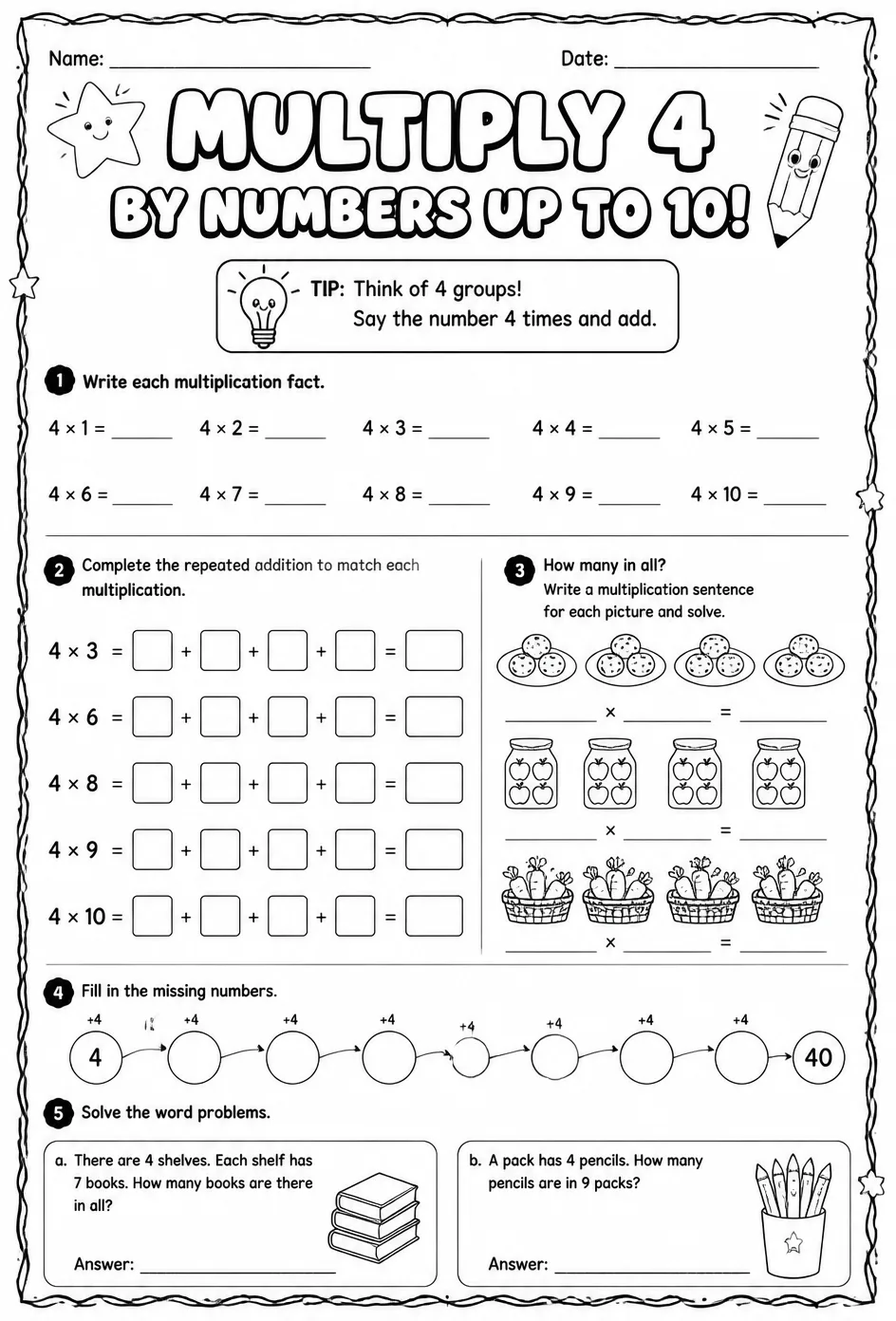 Multiply 4 by numbers up to 10 — free printable Grade 3 math worksheet