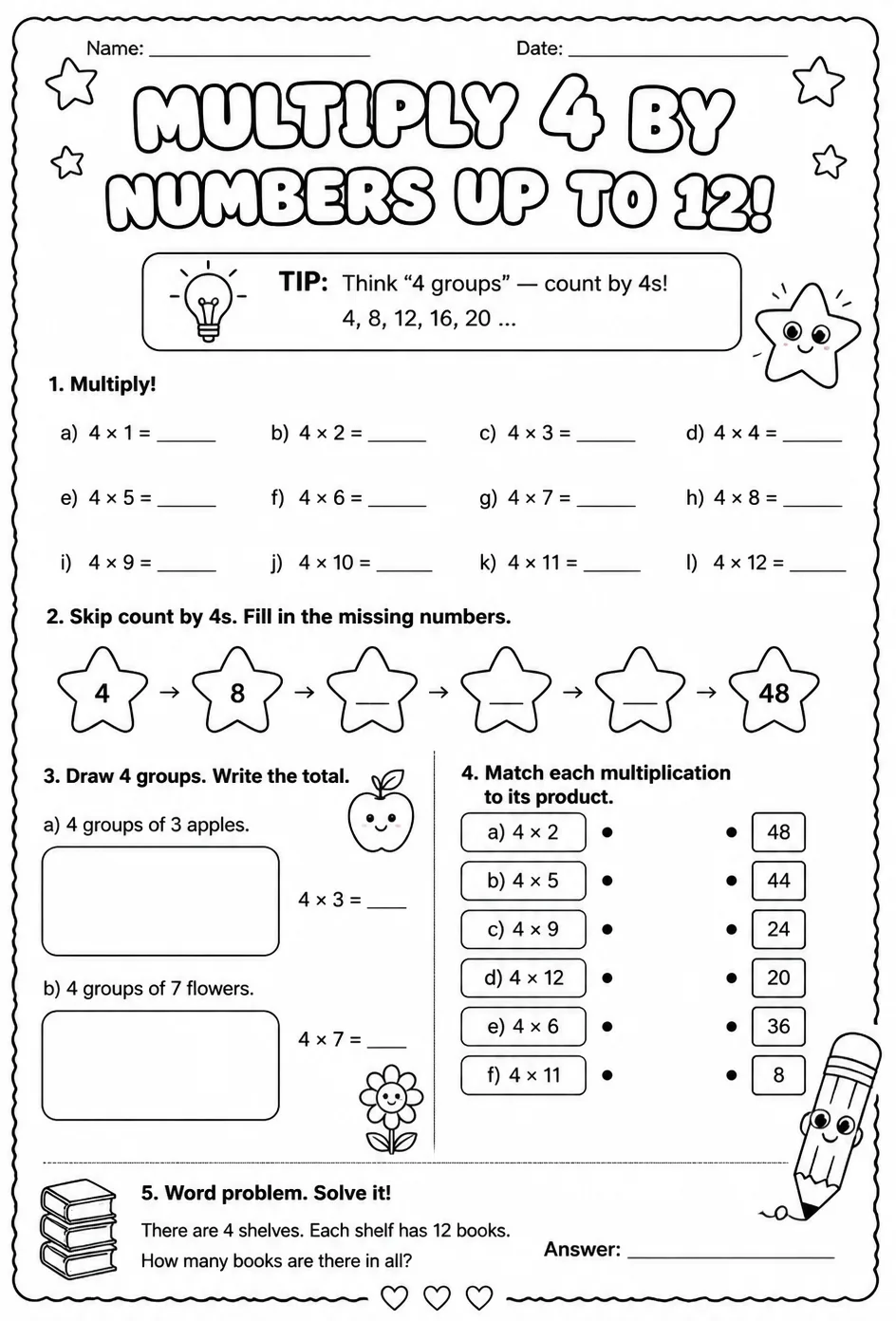 Multiply 4 by numbers up to 12 — free printable Grade 3 math worksheet