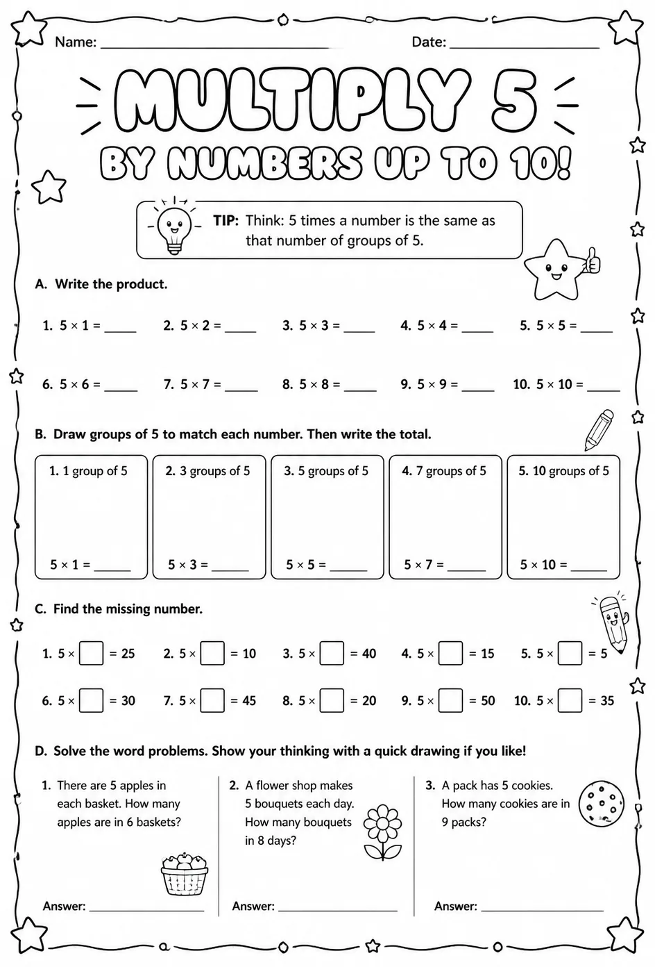 Multiply 5 by numbers up to 10 — free printable Grade 3 math worksheet