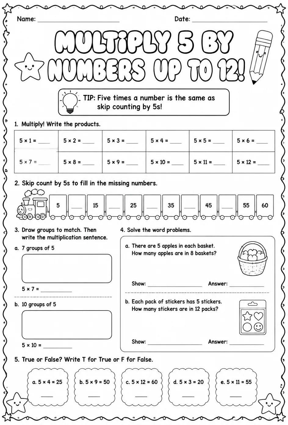 Multiply 5 by numbers up to 12 — free printable Grade 3 math worksheet