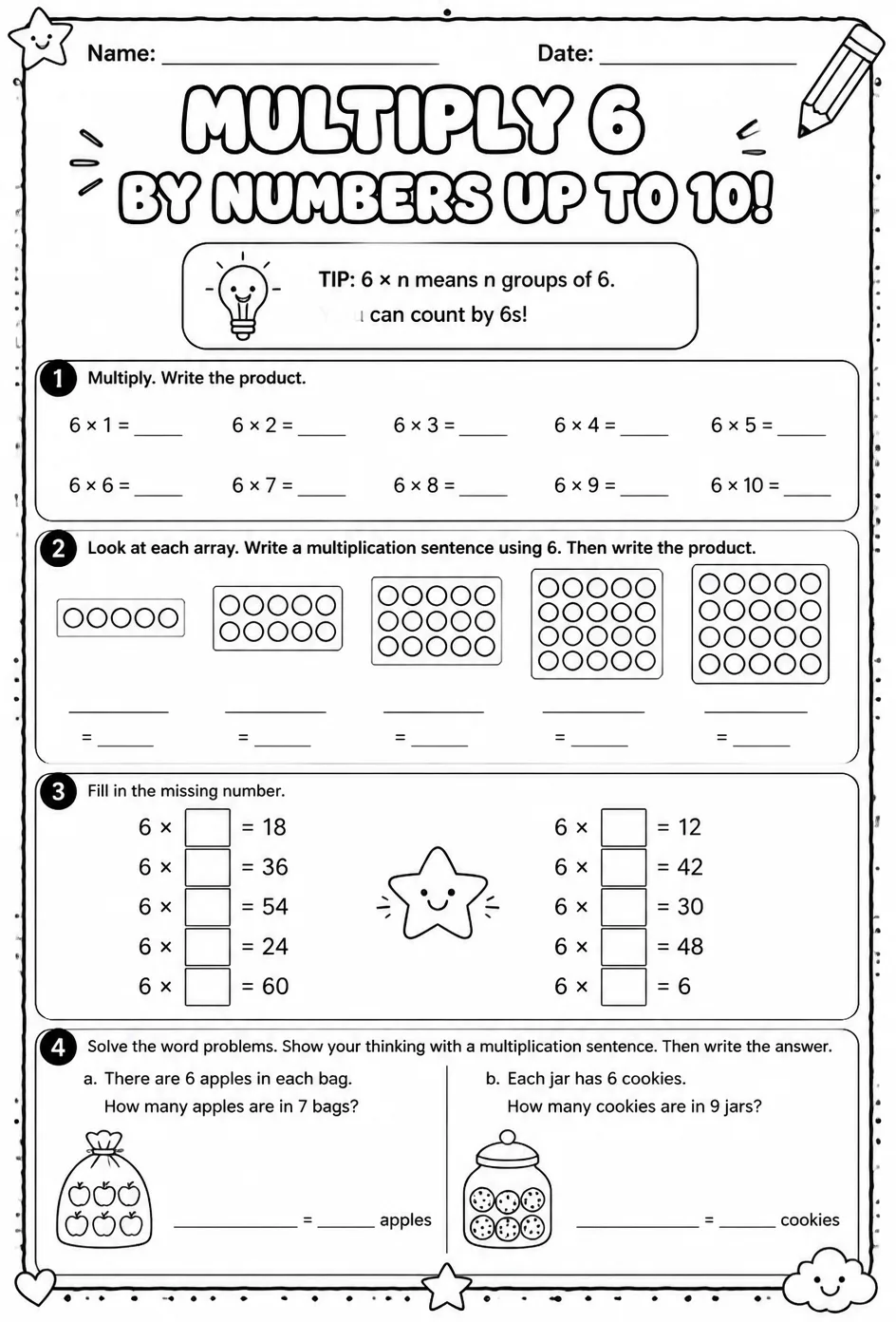 Multiply 6 by numbers up to 10 — free printable Grade 3 math worksheet