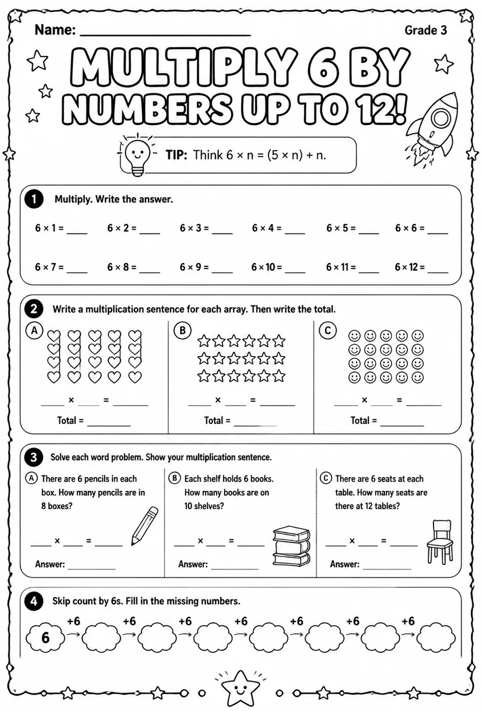 Multiply 6 by numbers up to 12 — free printable Grade 3 math worksheet