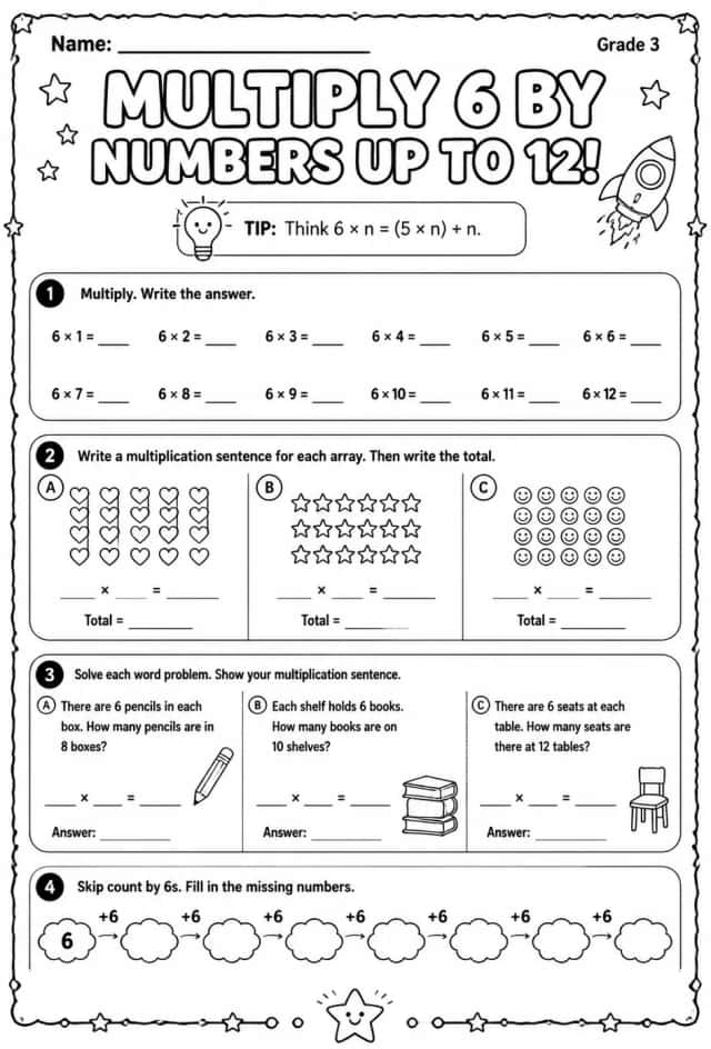 Multiply 6 by numbers up to 12