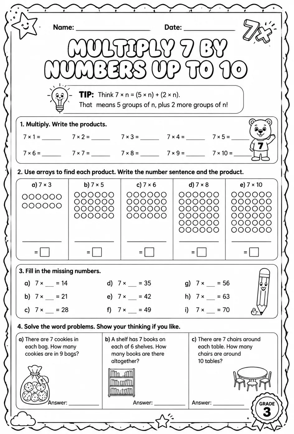 Multiply 7 by numbers up to 10 — free printable Grade 3 math worksheet