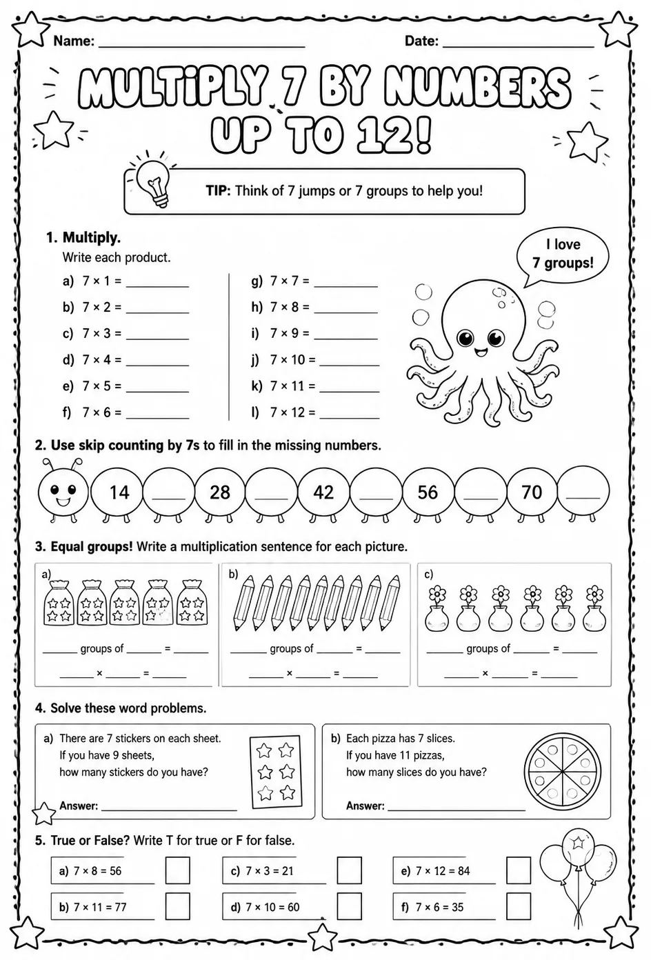 Multiply 7 by numbers up to 12 — free printable Grade 3 math worksheet