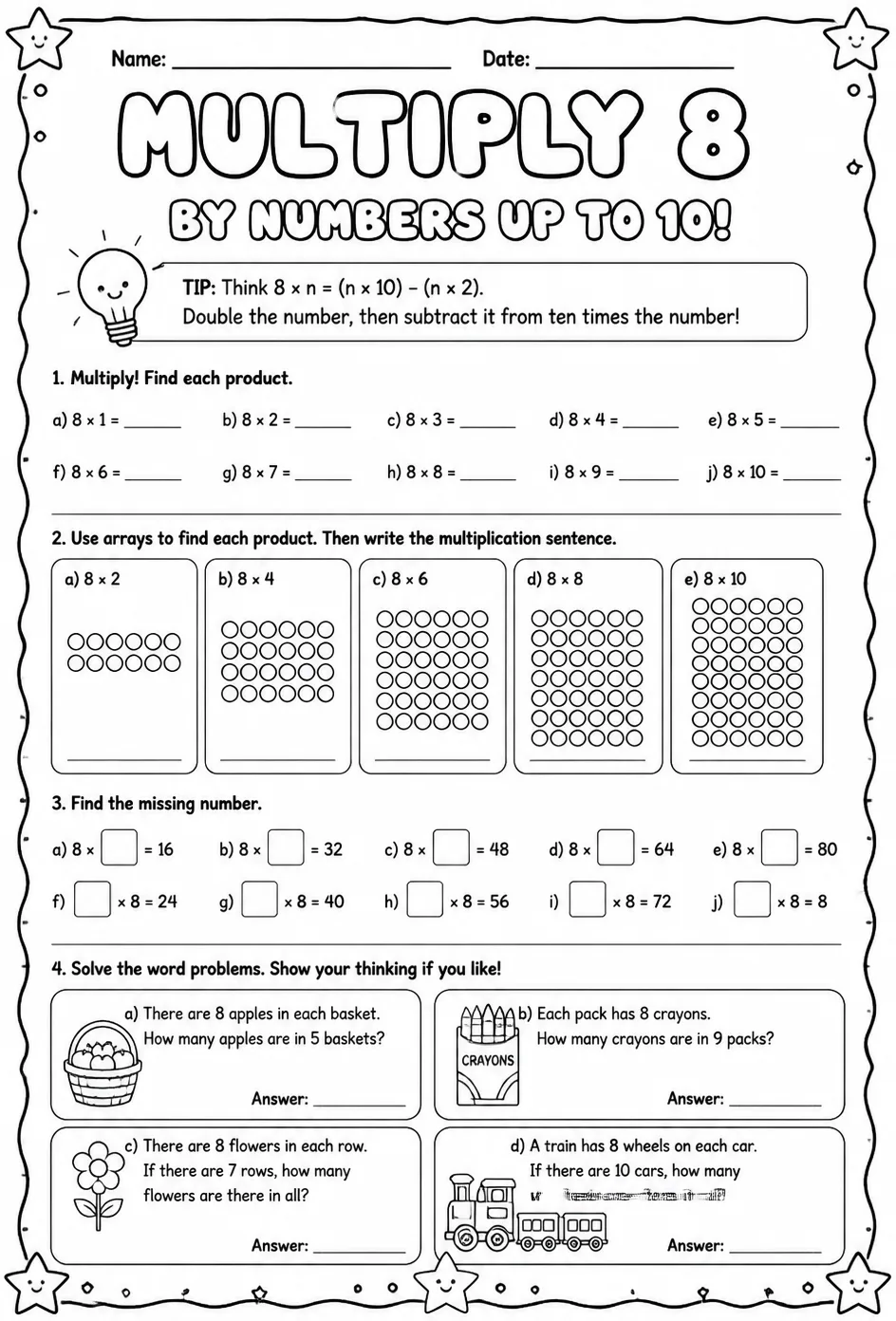 Multiply 8 by numbers up to 10 — free printable Grade 3 math worksheet