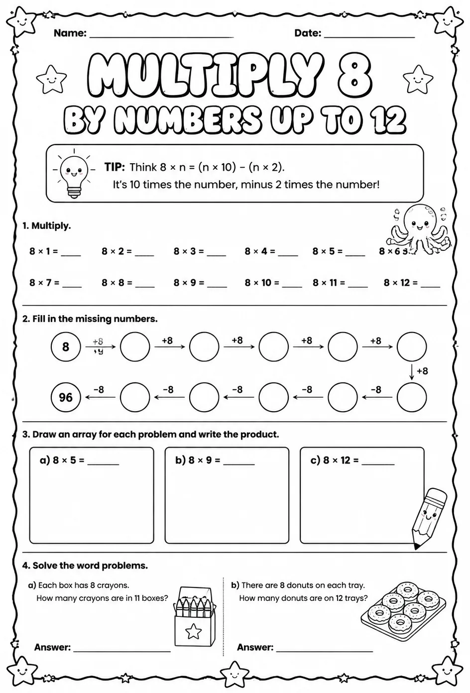 Multiply 8 by numbers up to 12 — free printable Grade 3 math worksheet