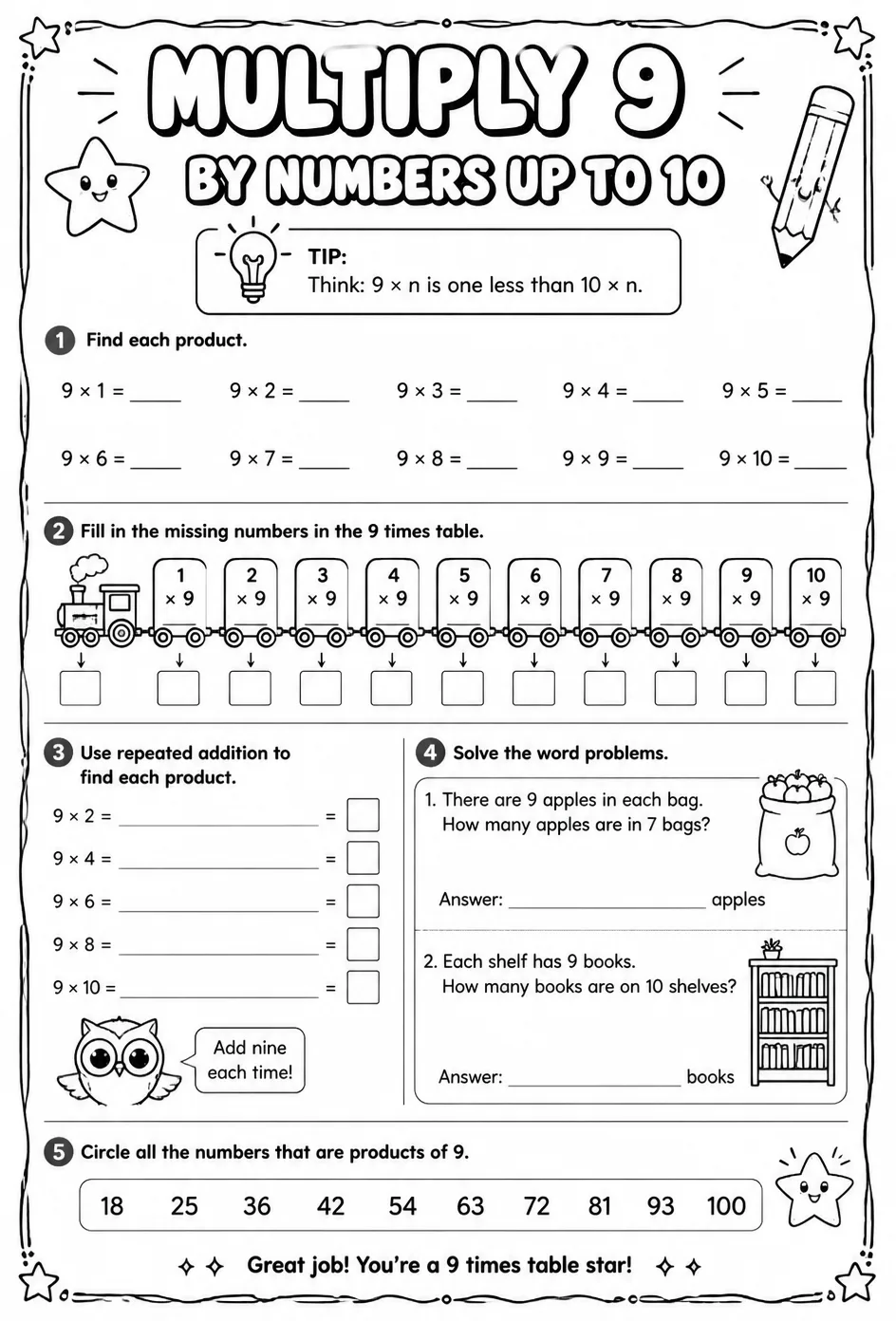 Multiply 9 by numbers up to 10 — free printable Grade 3 math worksheet