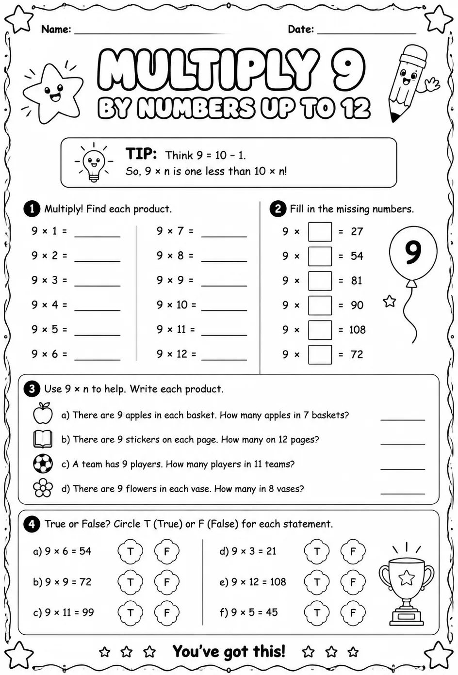 Multiply 9 by numbers up to 12 — free printable Grade 3 math worksheet