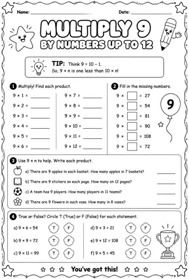 Multiply 9 by numbers up to 12