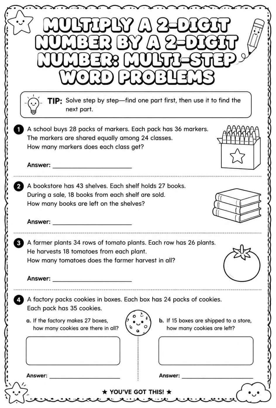 Multiply a 2-digit number by a 2-digit number: multi-step word problems — free printable Grade 4 math worksheet