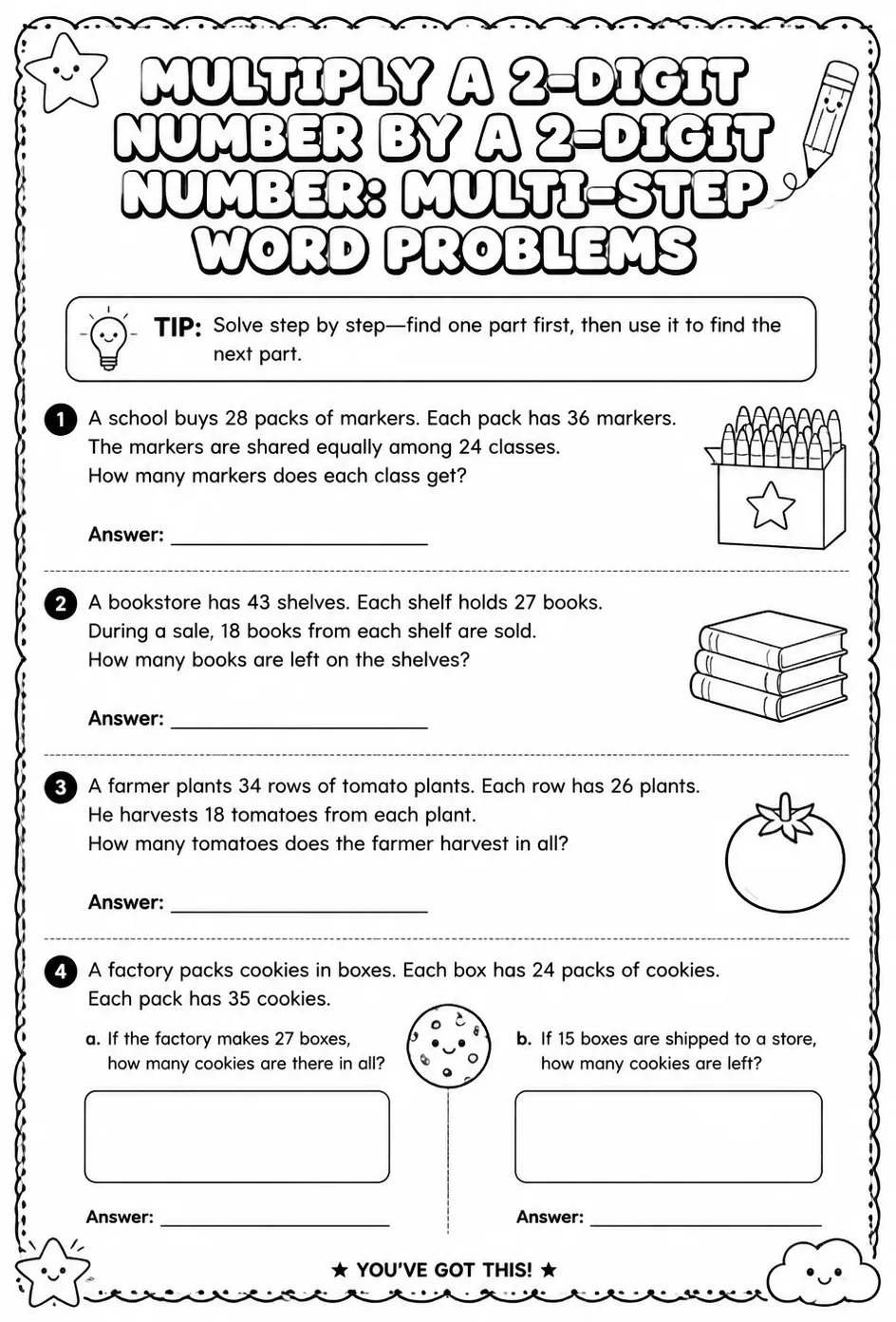 Multiply a 2-digit number by a 2-digit number: multi-step word problems — free printable Grade 4 math worksheet