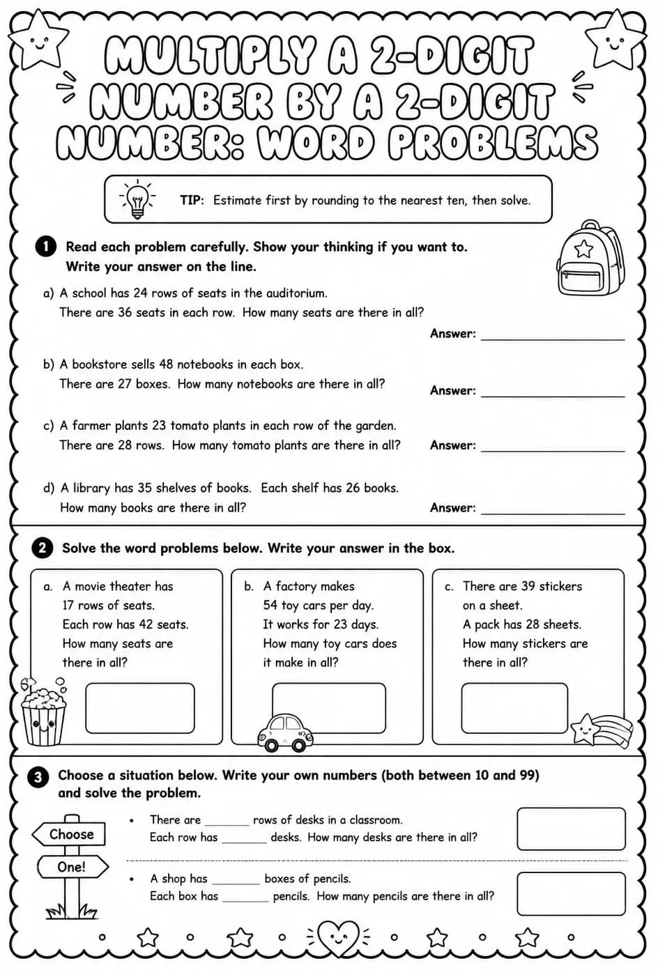 Multiply a 2-digit number by a 2-digit number: word problems — free printable Grade 4 math worksheet